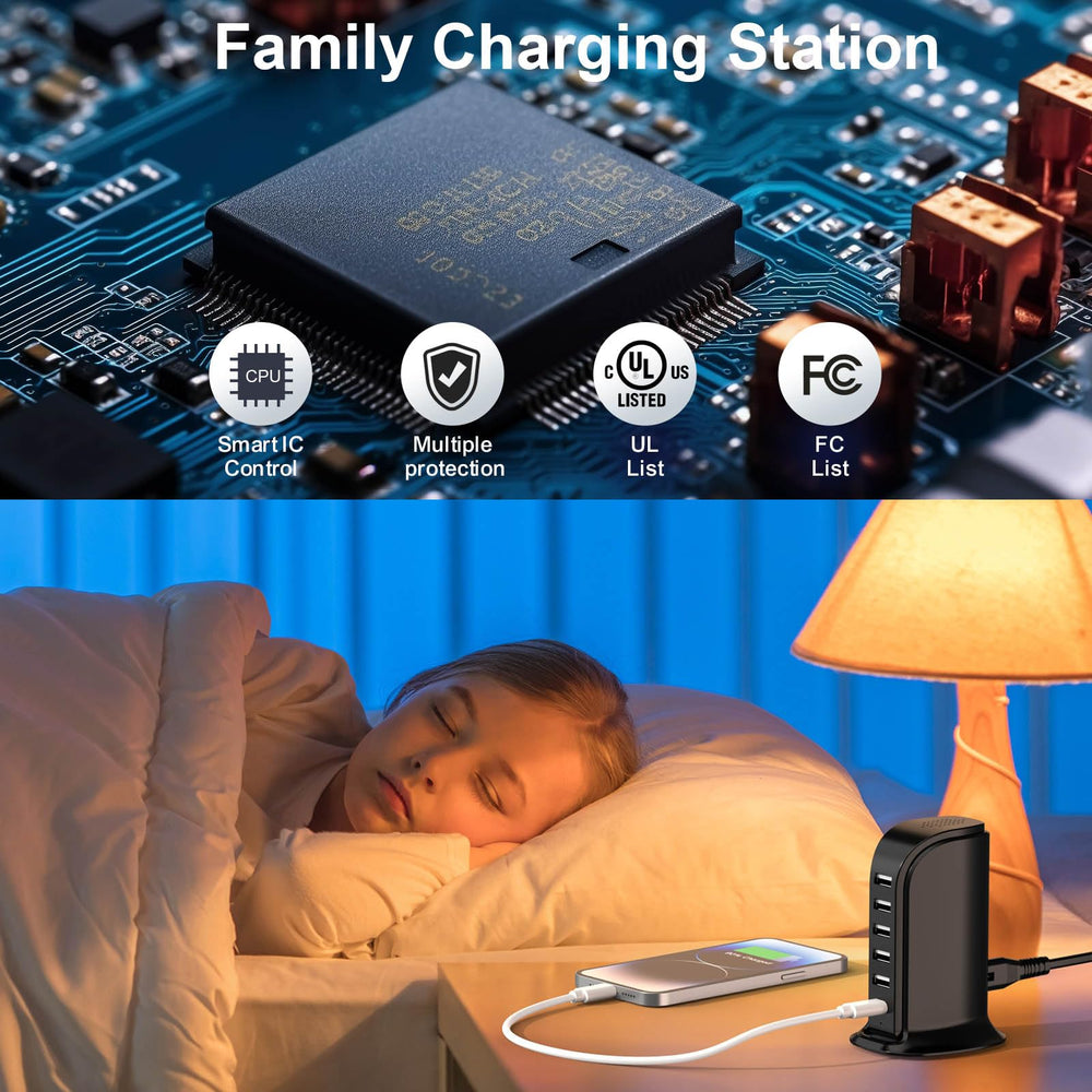 Upoy multi-device charging station with six ports for Android and iOS devices.