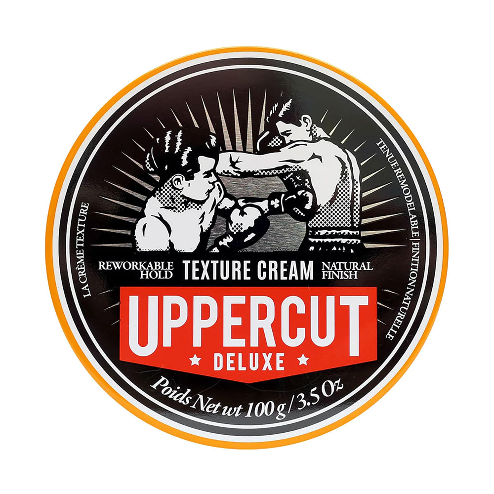 UPPERCUT DELUXE Texture Cream bottle shows flexible, non-sticky hold for daily styling.