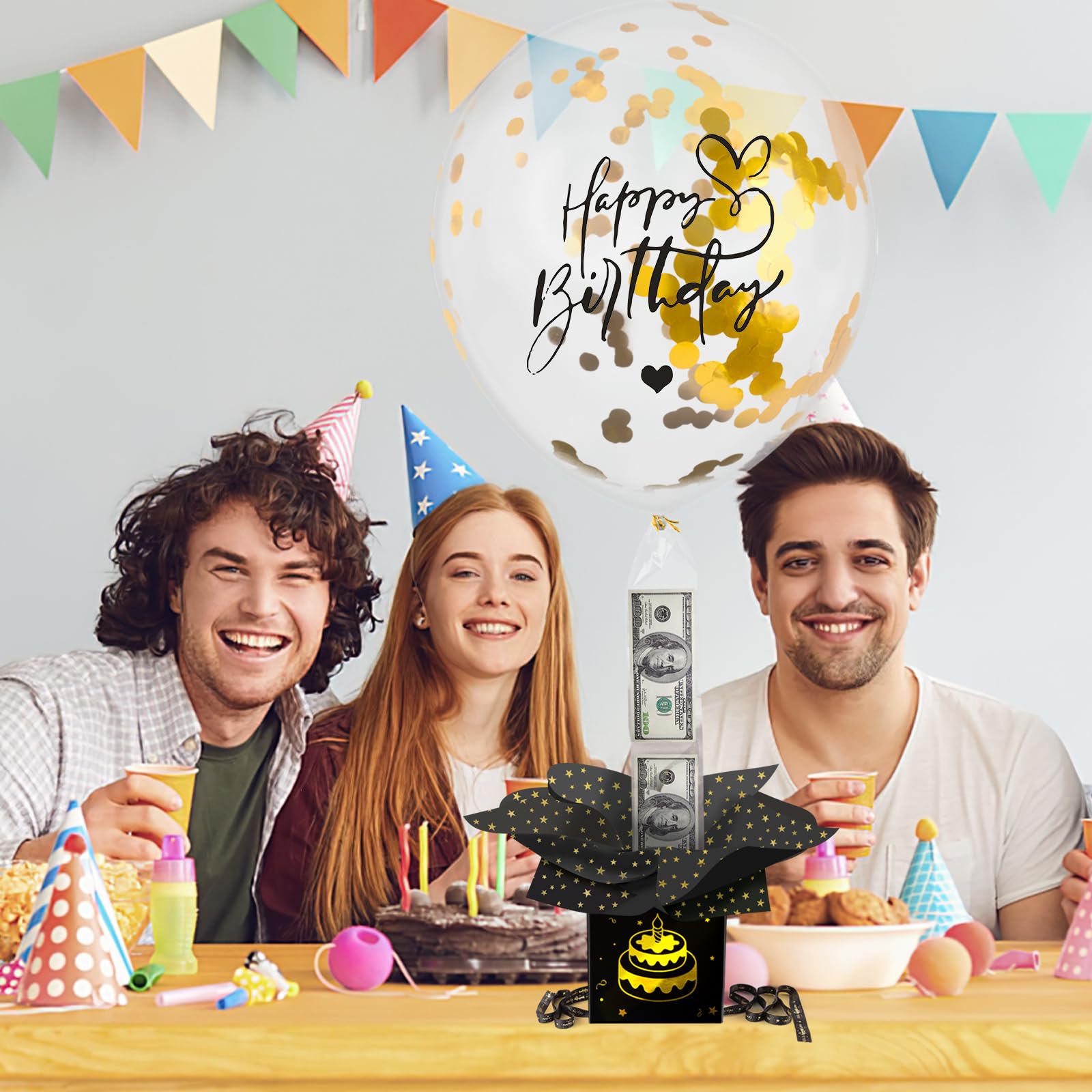 Gold-printed box adds a celebratory touch to the party setup.
