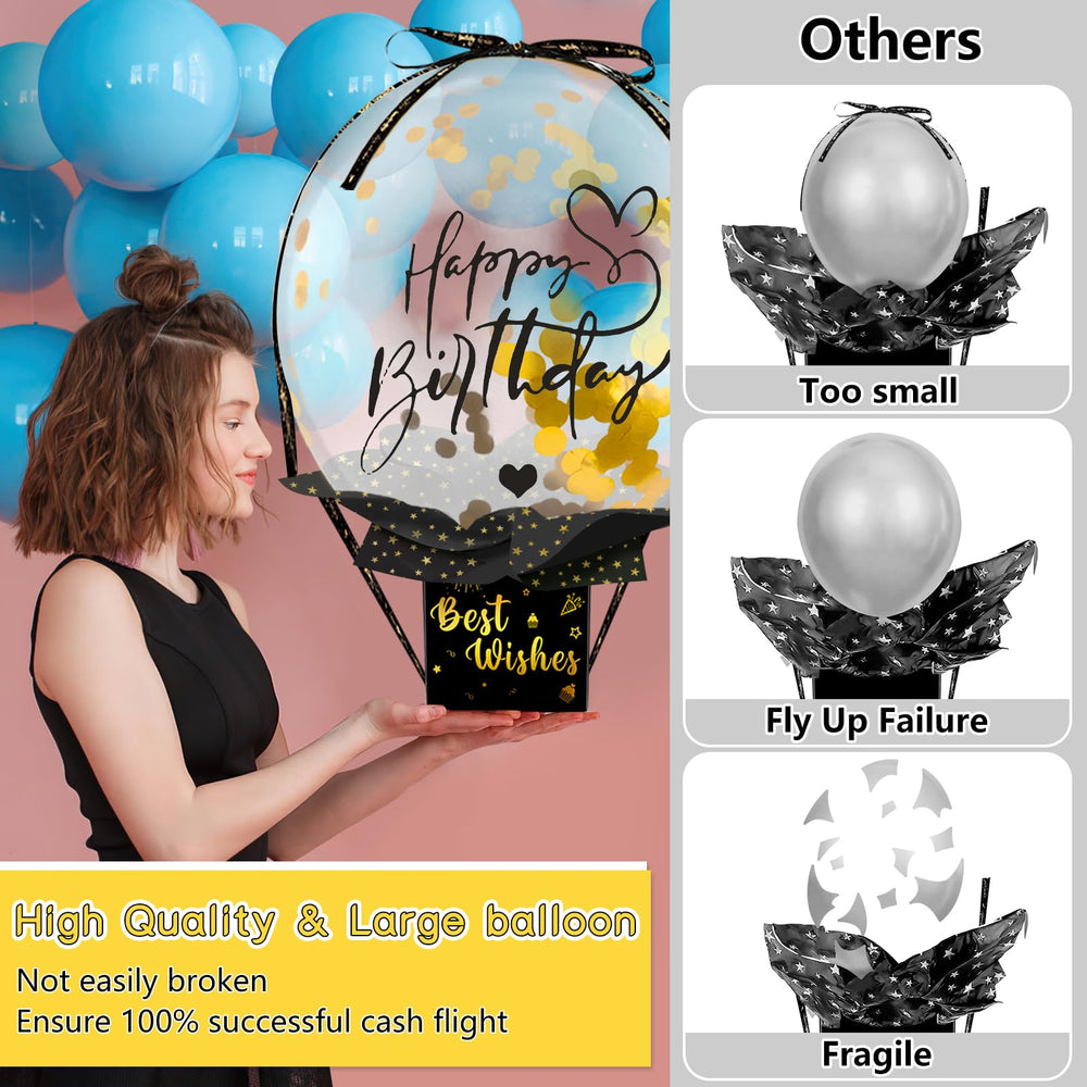 UQM happy birthday balloon and cash setup delivers playful gift presentation.