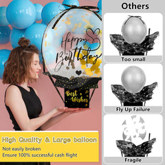 UQM happy birthday balloon and cash setup delivers playful gift presentation.