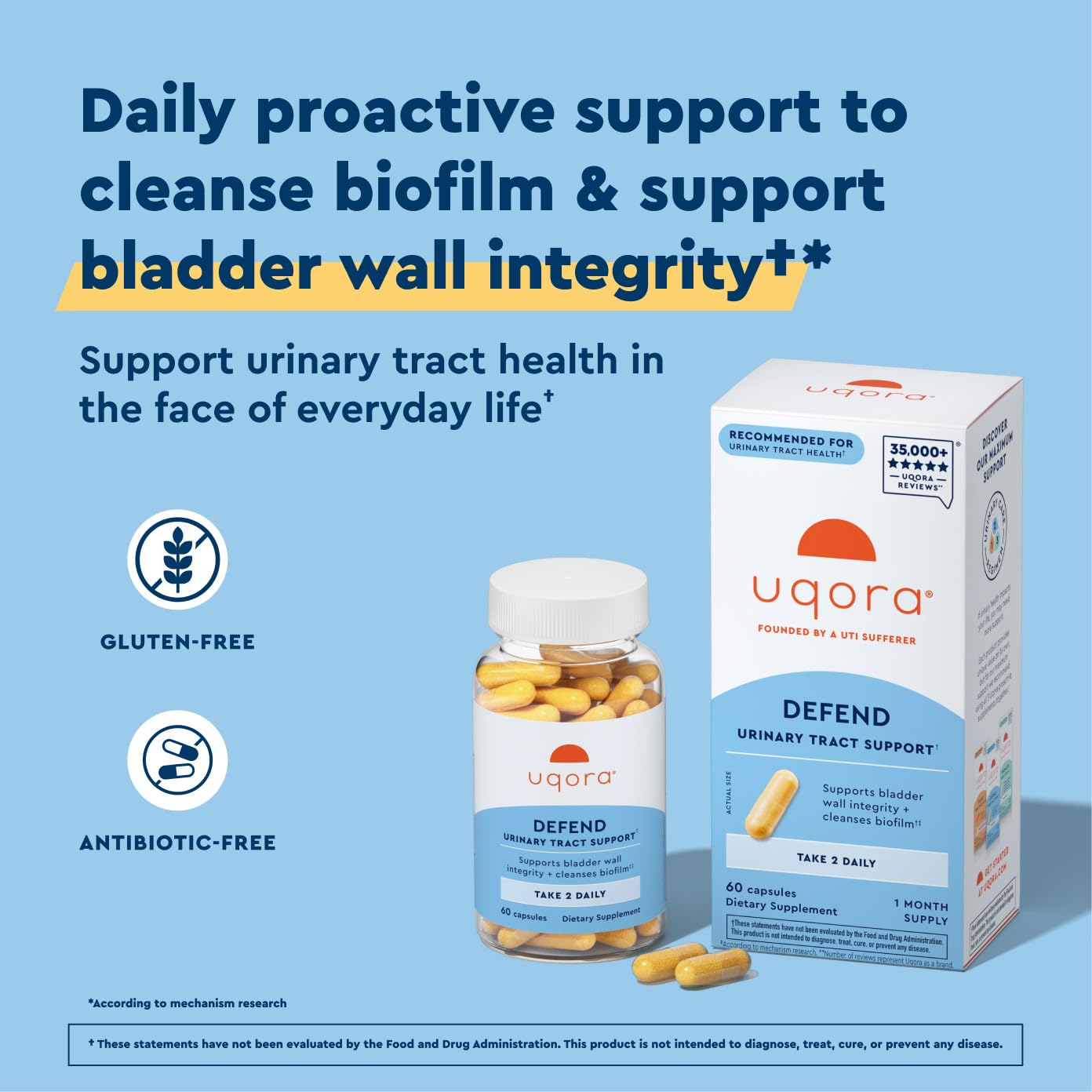 Closeup of Uqora Defend capsules for easy daily dosing.