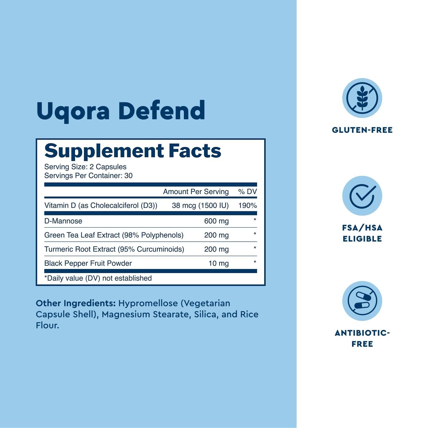 Uqora Defend capsules laid out, highlighting simple two-capsule daily routine.