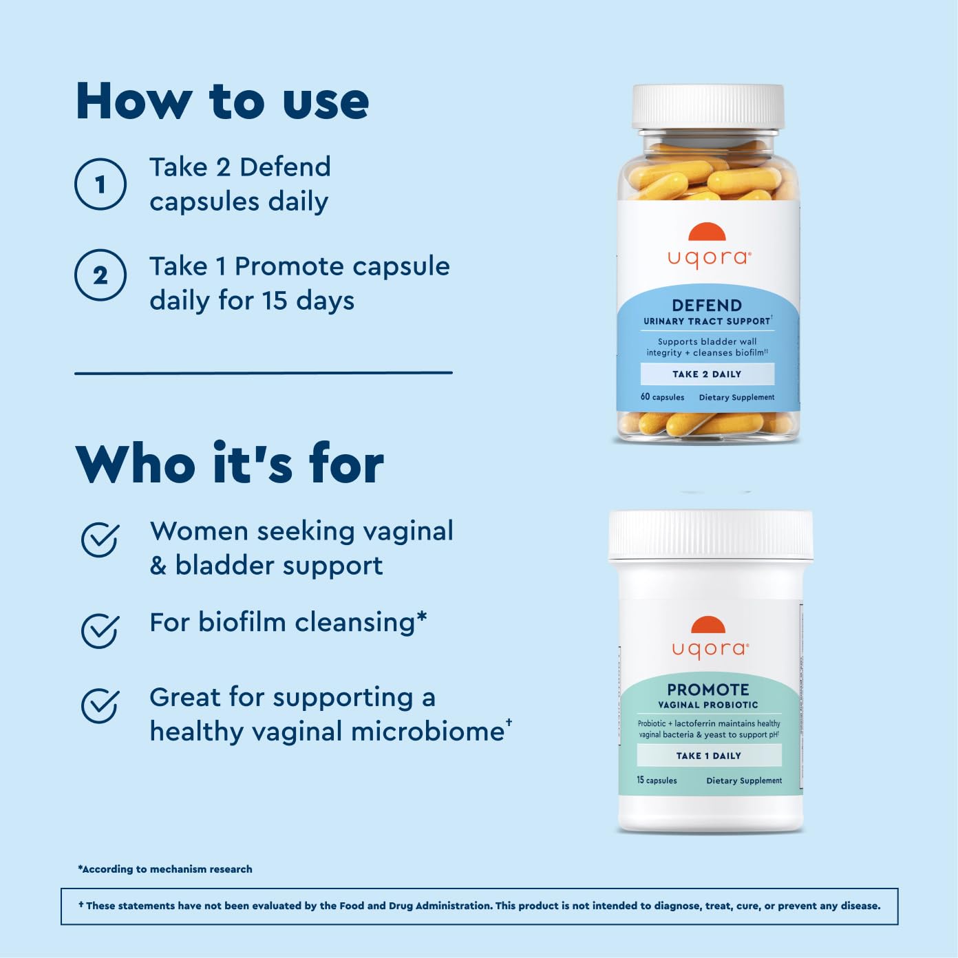 Uqora Defend D-mannose urinary wellness visual on daily capsule routine.