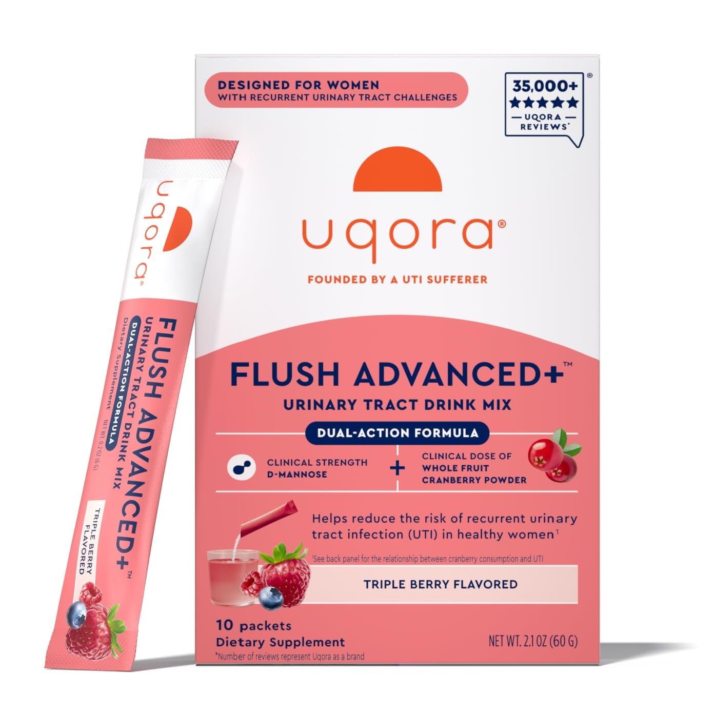 Uqora Flush Advanced+ cranberry packet for daily urinary health support with whole fruit cranberry.