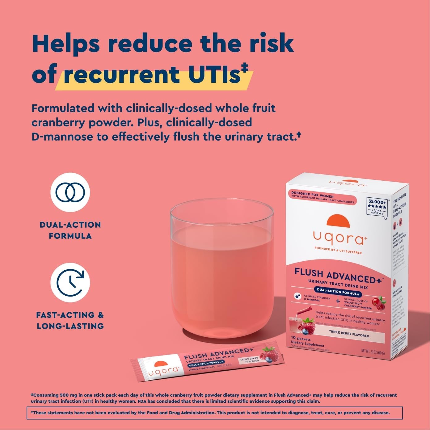 Uqora Flush Advanced+ with D‑Mannose powder in a glass supporting urinary health.