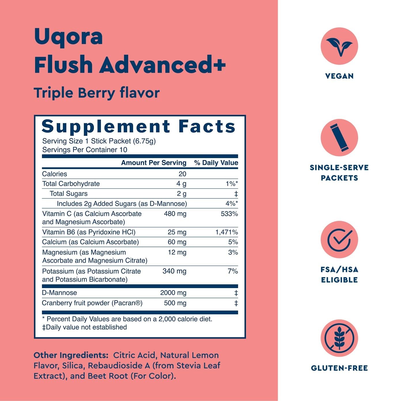 Uqora Flush Advanced+ vitamin C graphic highlighting immune support and nutrients.