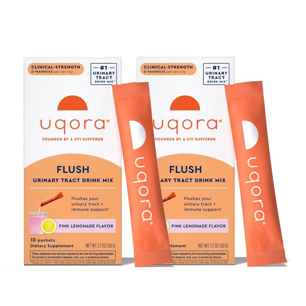 Uqora Flush pink lemonade packet ready to mix for urinary health.