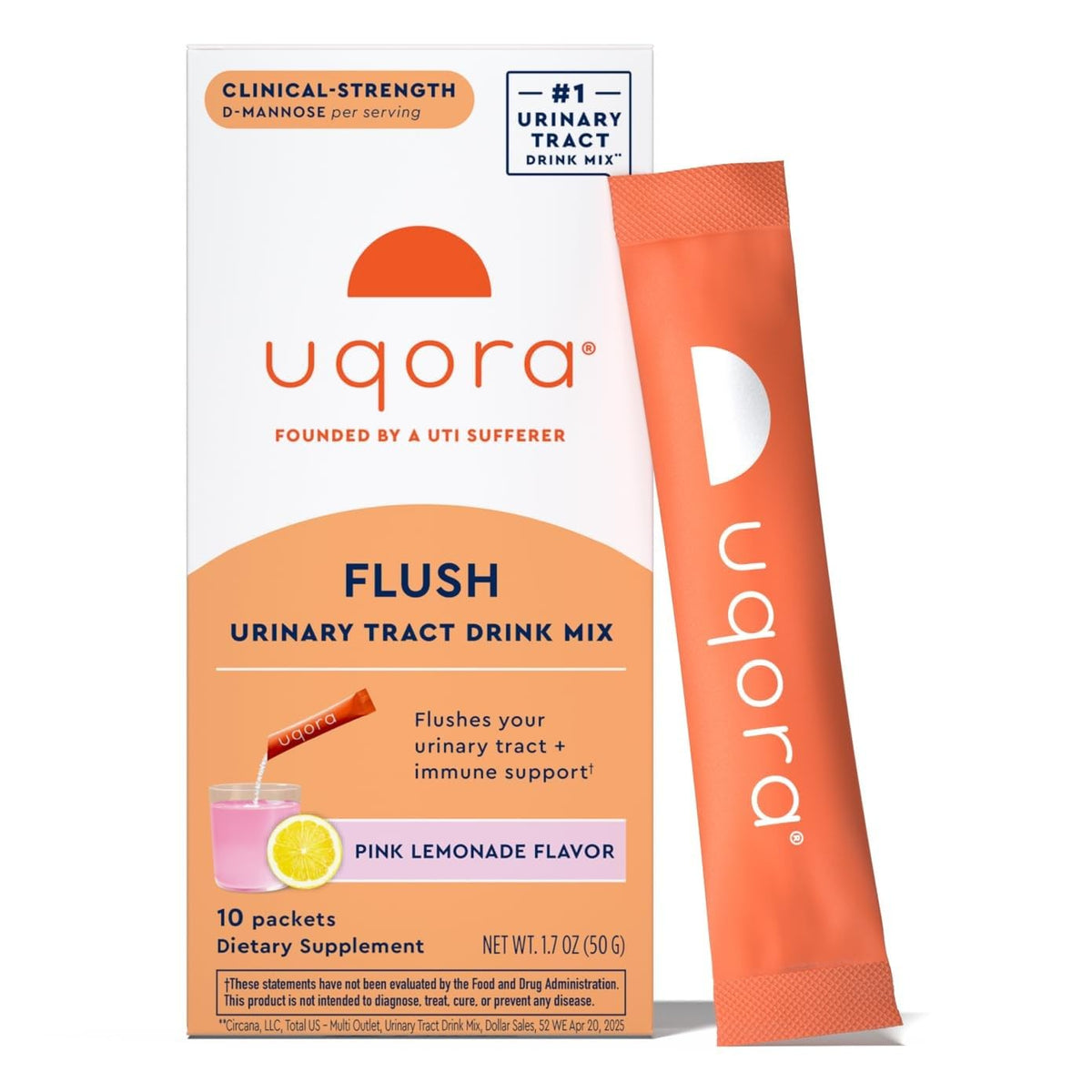 Uqora Flush pink lemonade packets ready to mix for daily urinary health support.