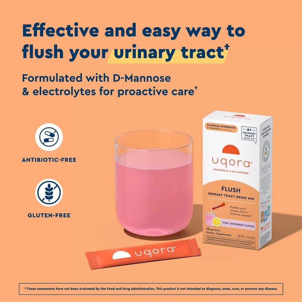 Uqora Flush pink lemonade poured into water for a refreshing urinary wellness drink.