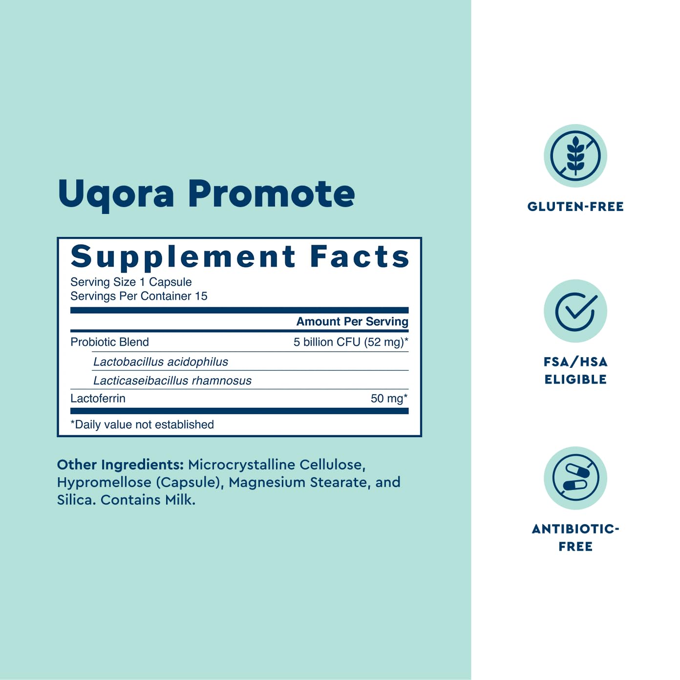 Uqora Promote shelf packaging indicates gluten-free option for sensitive users.