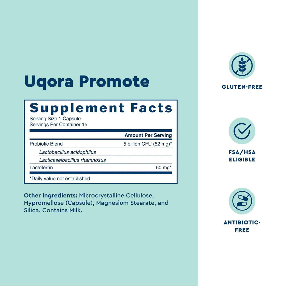 Uqora Promote shelf packaging indicates gluten-free option for sensitive users.