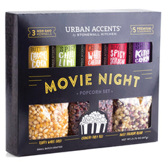 Urban Accents Movie Night Popcorn Set packaging highlights three kernel varieties for versatile snacking