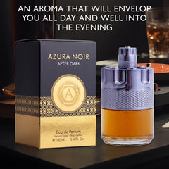 URBAN COLLECTION Azura Noir After Dark bottle on counter suggests effortless daily sophistication.