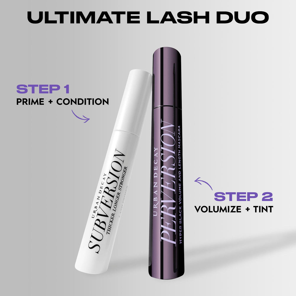 Urban Decay Subversion Lash Primer enriched with panthenol and vitamin E on lashes.
