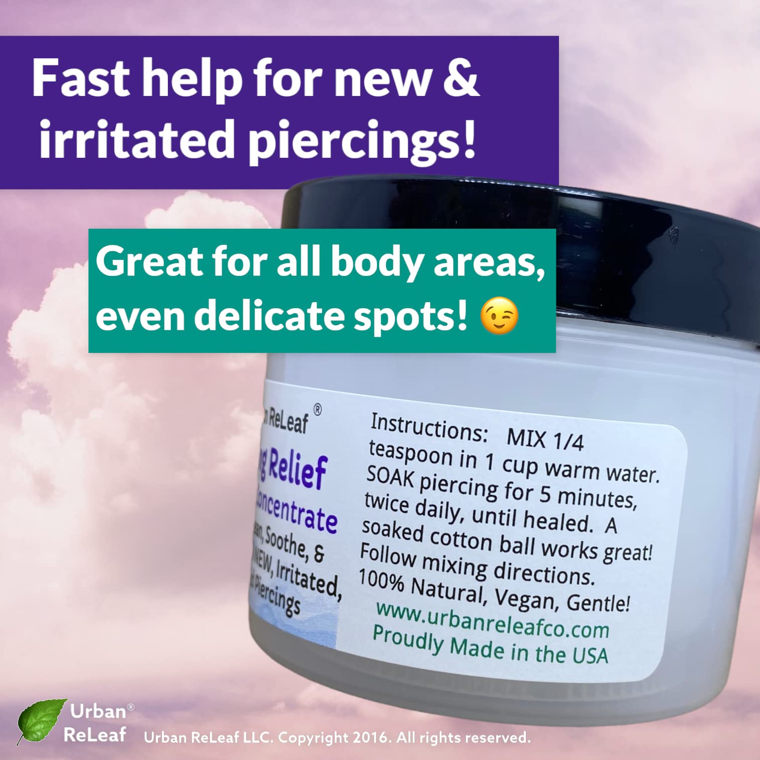 Urban ReLeaf Piercing Relief rosemary sprig suggests herbal notes for calming care.