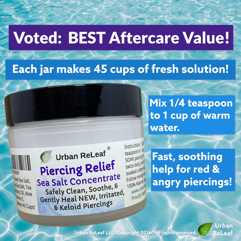 Urban ReLeaf Piercing Relief sea salt solution used in a gentle soak for irritated piercings.