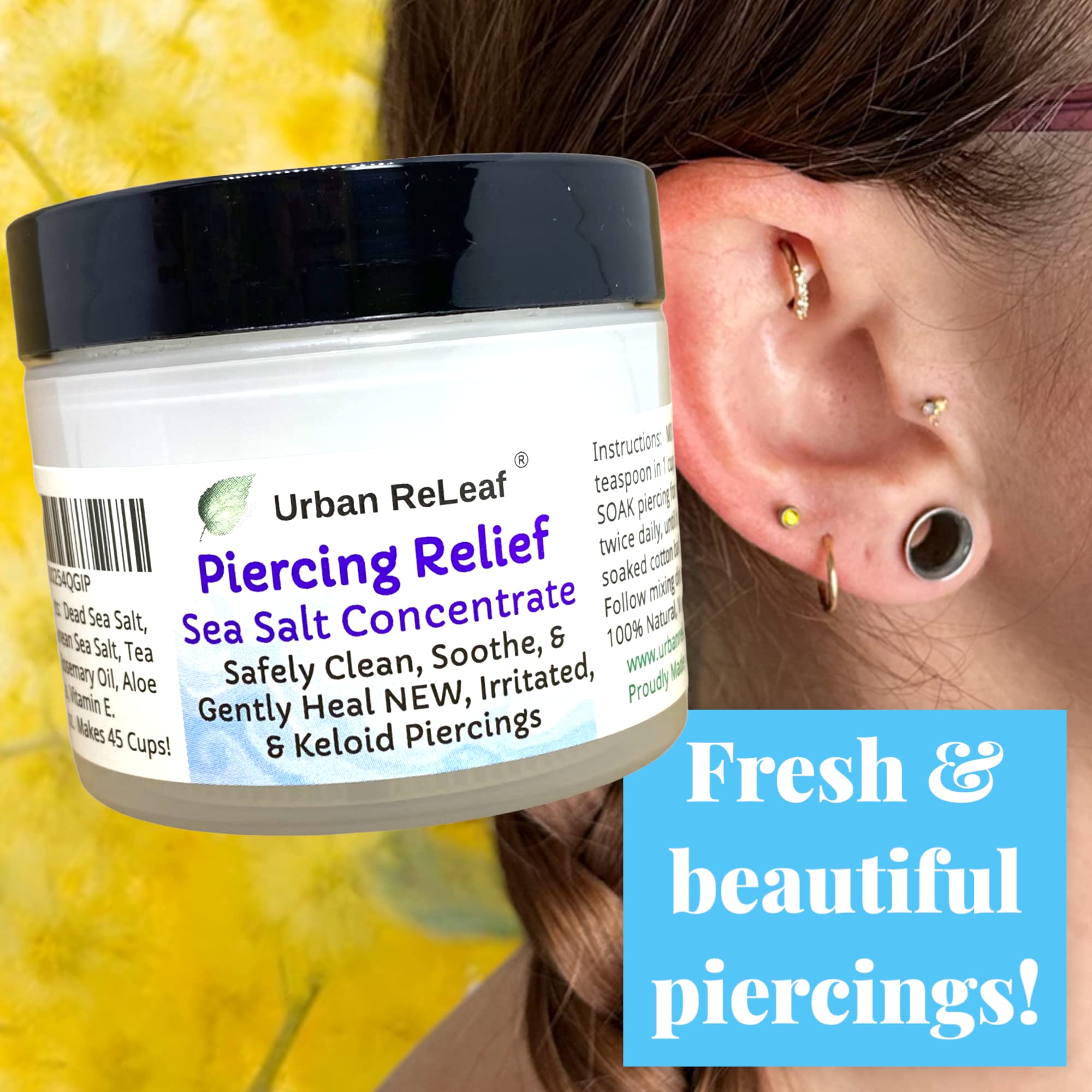 Urban ReLeaf Piercing Relief tea tree oil drop highlights natural antiseptic aroma.