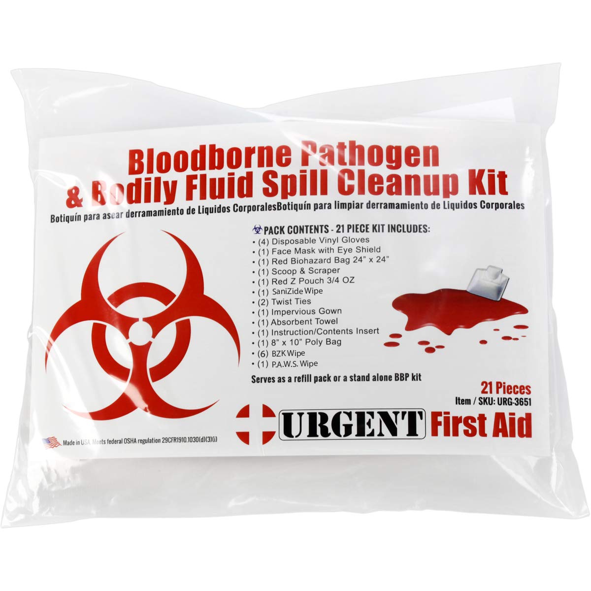 Urgent First Aid BBP kit refill showing spill absorbent materials for quick containment