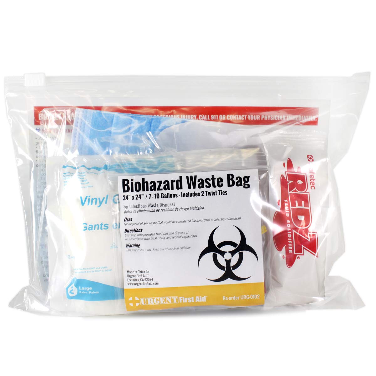 Urgent First Aid spill cleanup PPE laid out for safe handling and protection