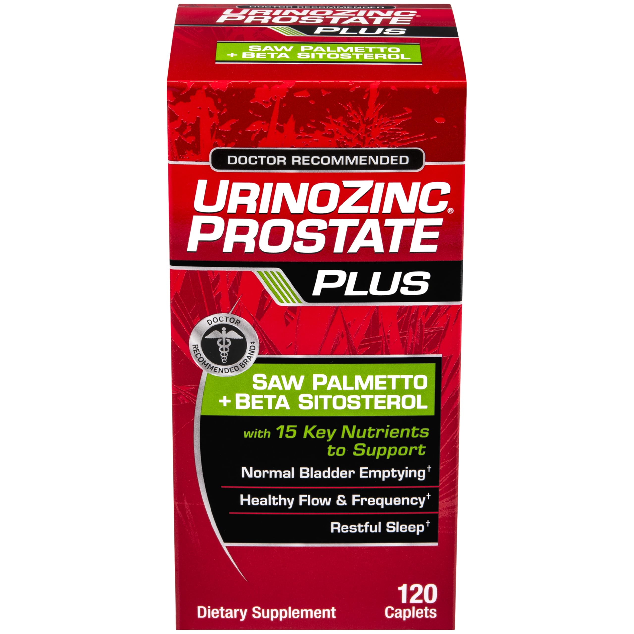 Urinozinc Prostate Plus bottle, signaling a drug-free option for urinary comfort.