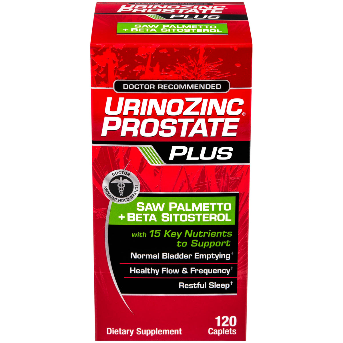 Urinozinc Prostate Plus bottle, signaling a drug-free option for urinary comfort.