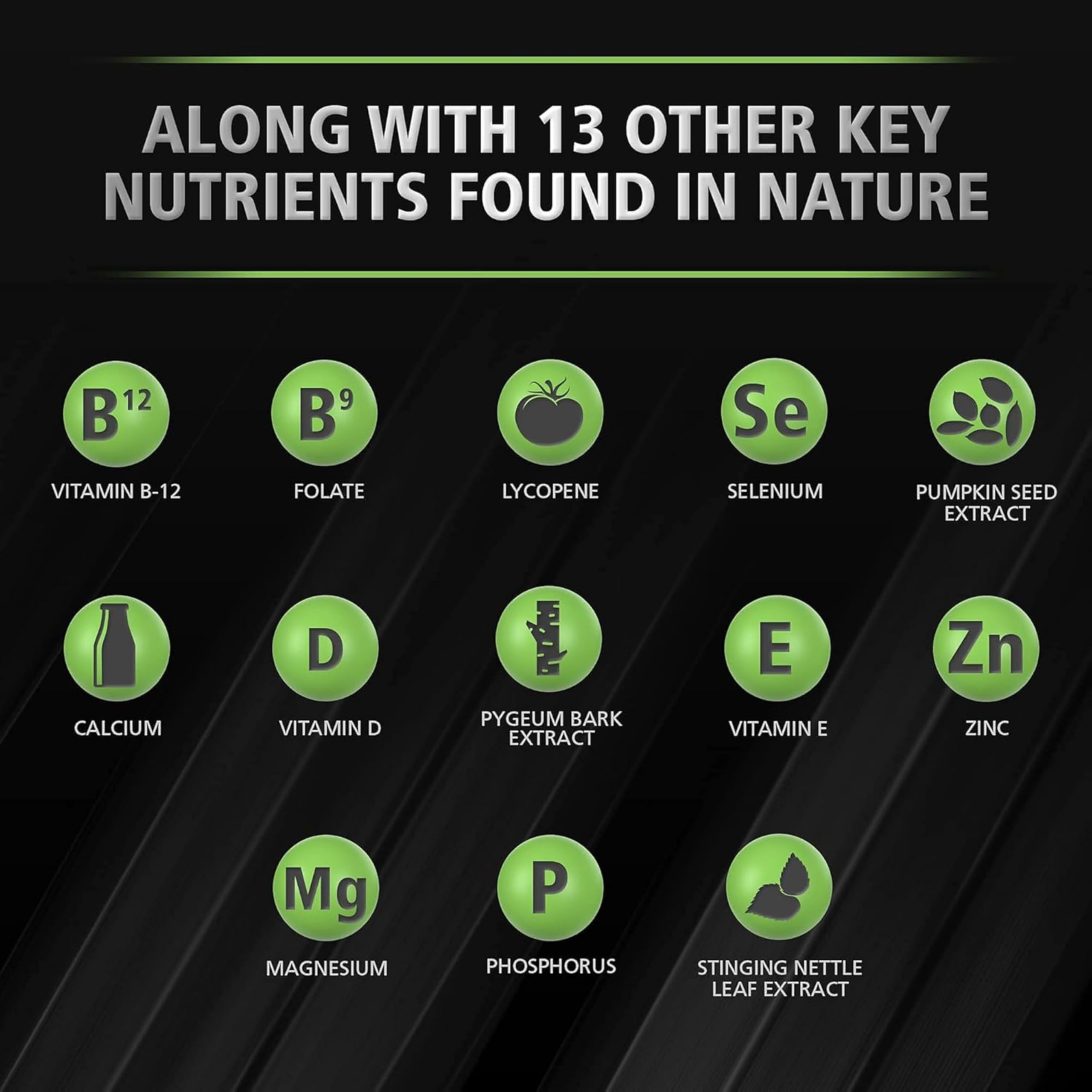 Urinozinc ingredients panel emphasizing key nutrients for prostate health.