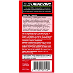 Close-up of Urinozinc label highlighting zinc and lycopene benefits.