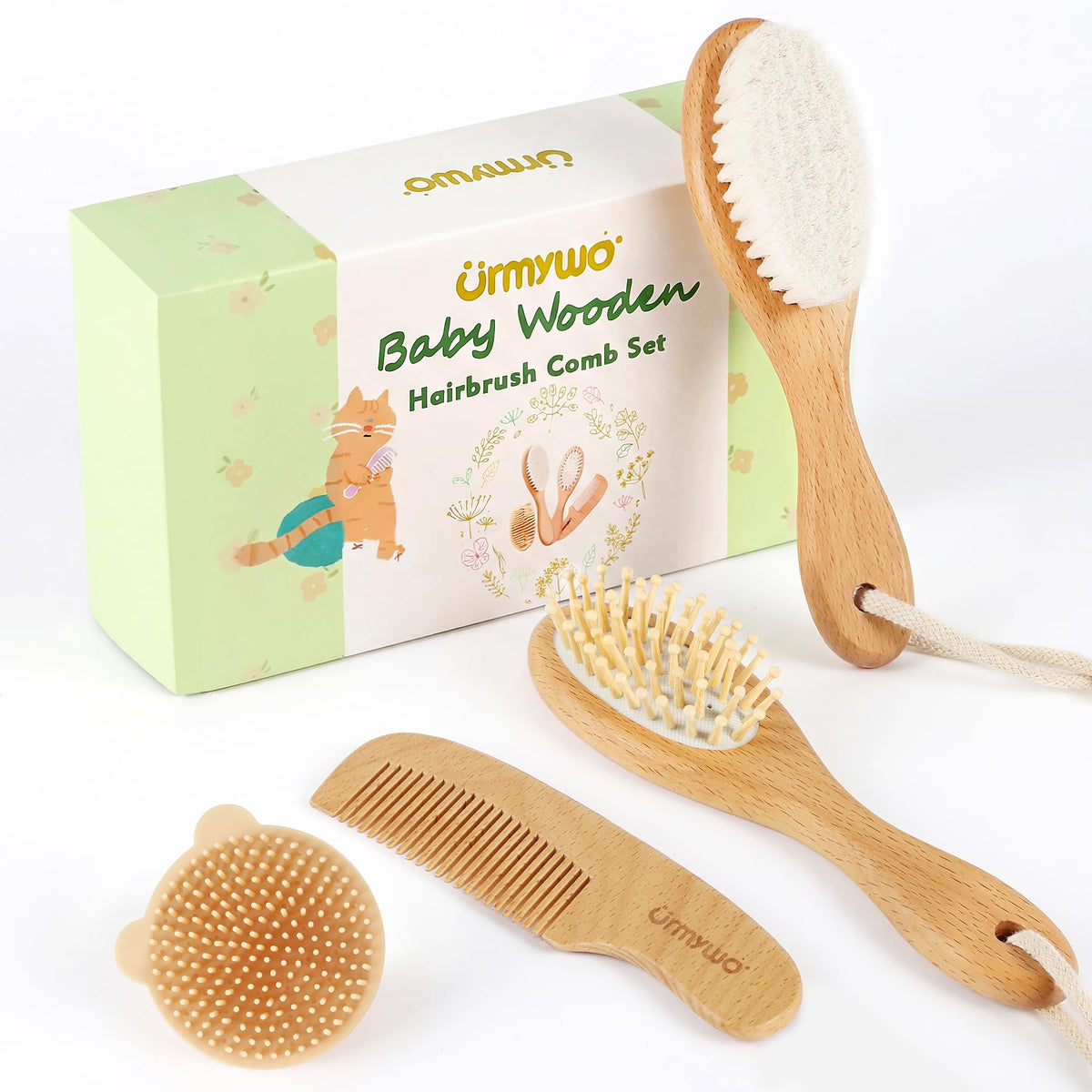 URMYWO baby brush and comb set full wooden kit for gentle grooming
