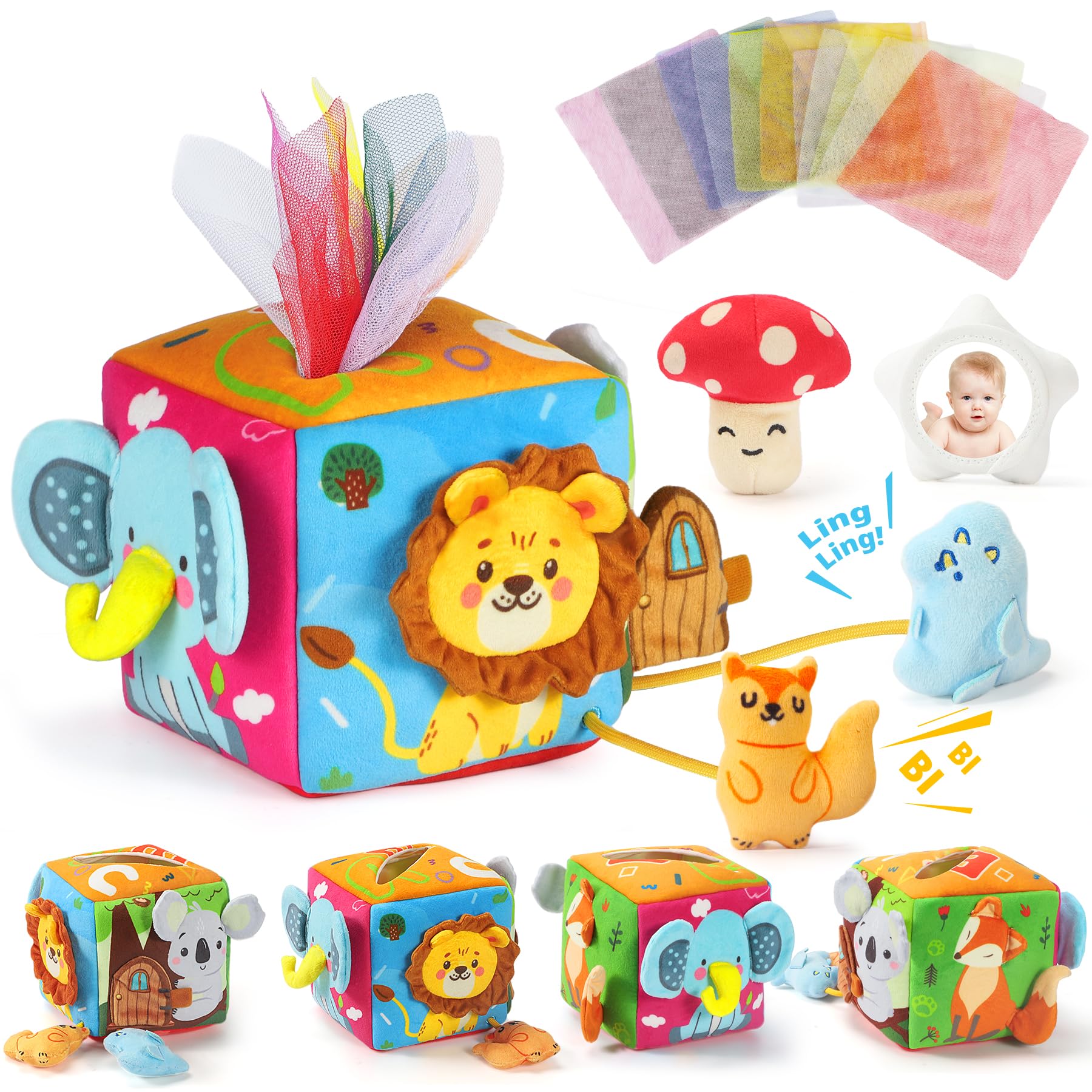 URMYWO baby tissue box toy invites grasping and sensory exploration.