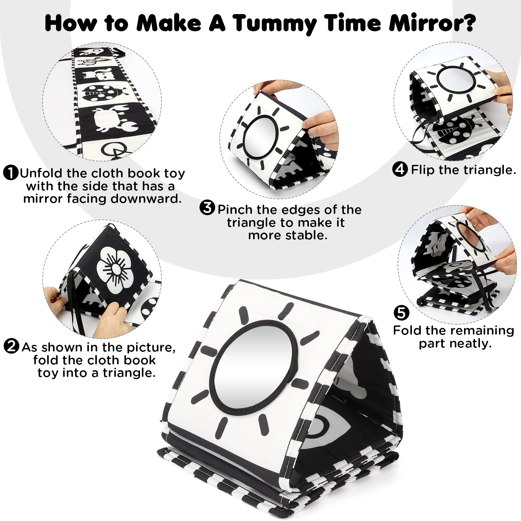 URMYWO black and white pattern pages stimulate focus and curiosity during floor play.