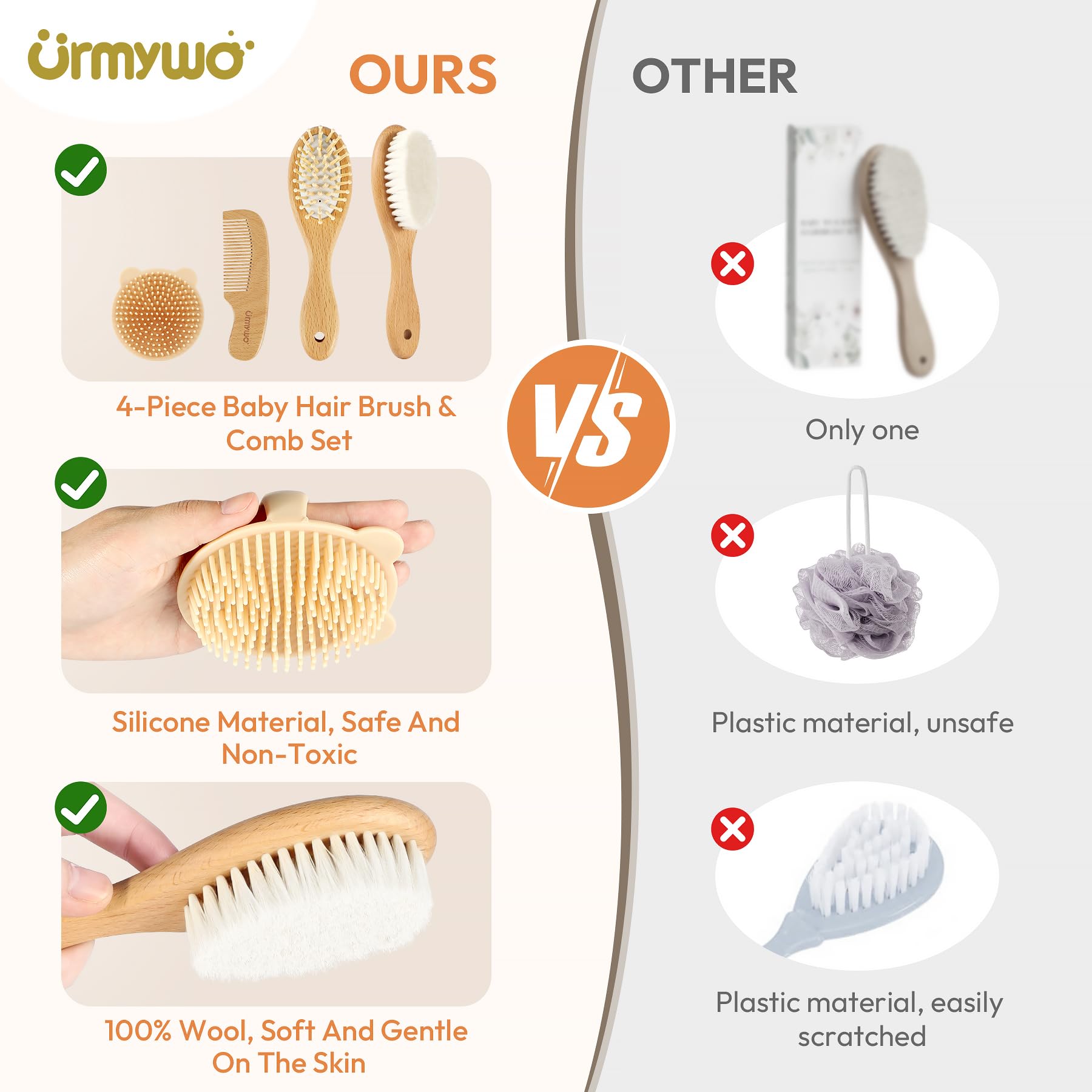 URMYWO wooden baby hair brush with soft bristles for sensitive scalps