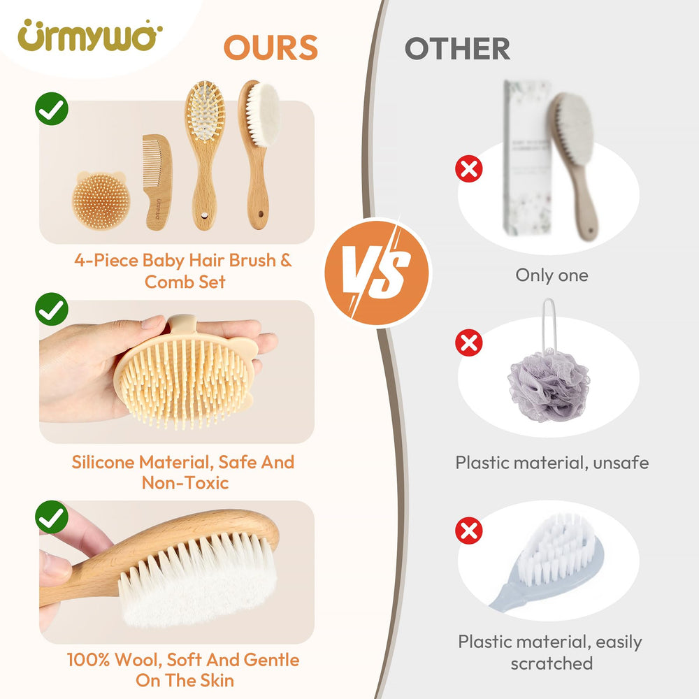 URMYWO wooden baby hair brush with soft bristles for sensitive scalps