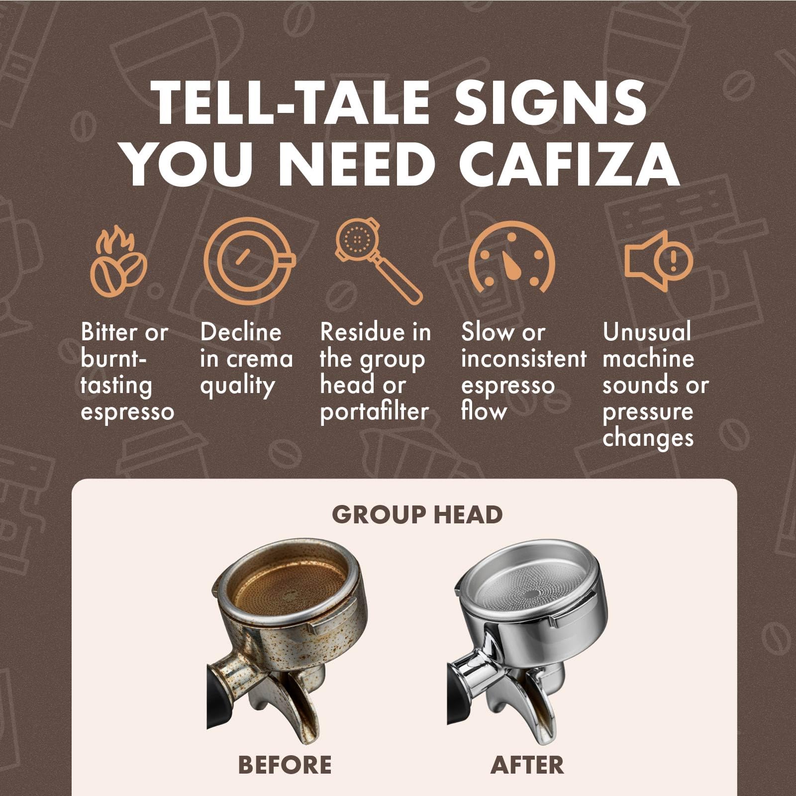 Urnex Cafiza espresso machine head cleaning powder in use, removing oils and residues.
