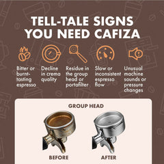 Urnex Cafiza espresso machine head cleaning powder in use, removing oils and residues.