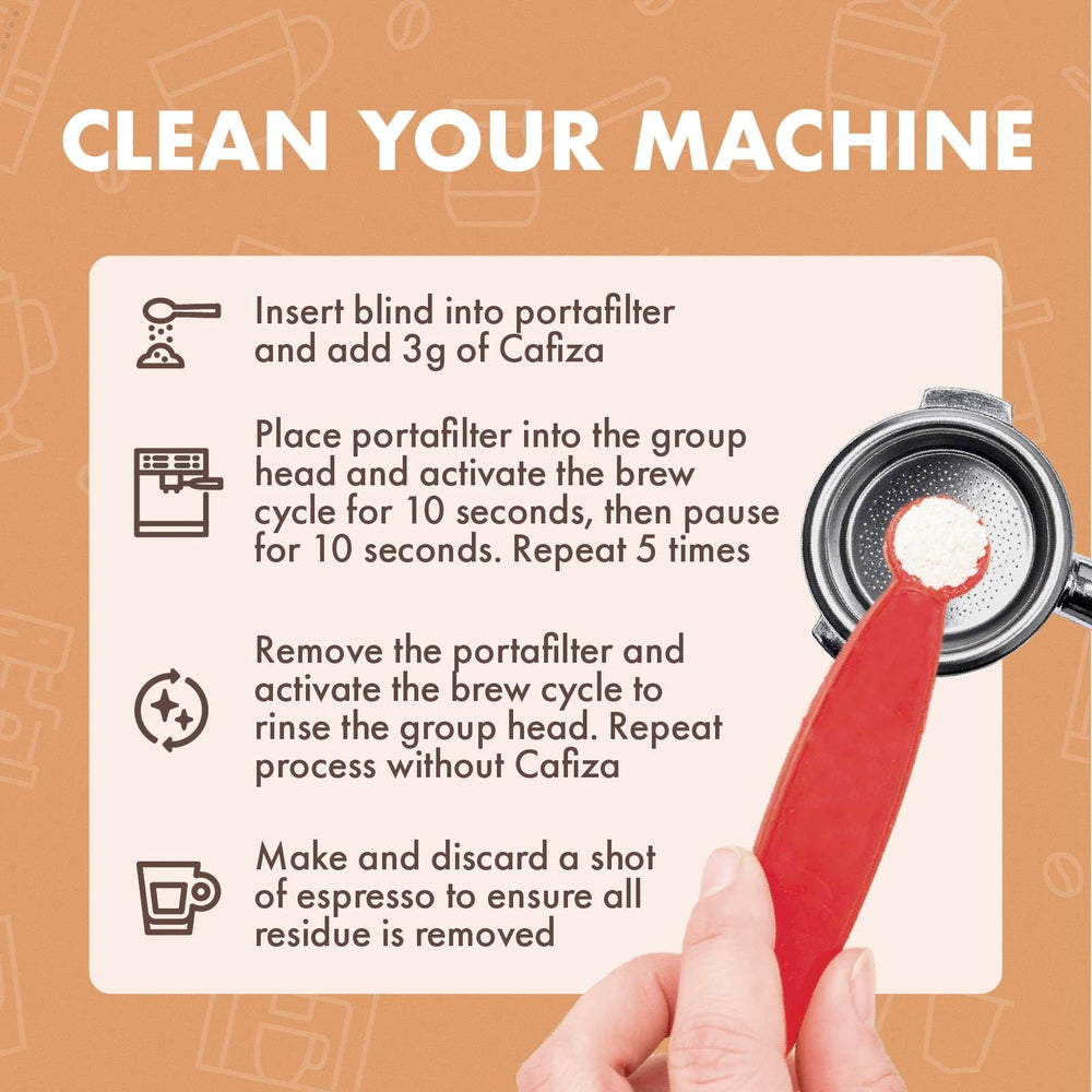 Urnex Cafiza cleaning powder is metal-safe for durable espresso components.