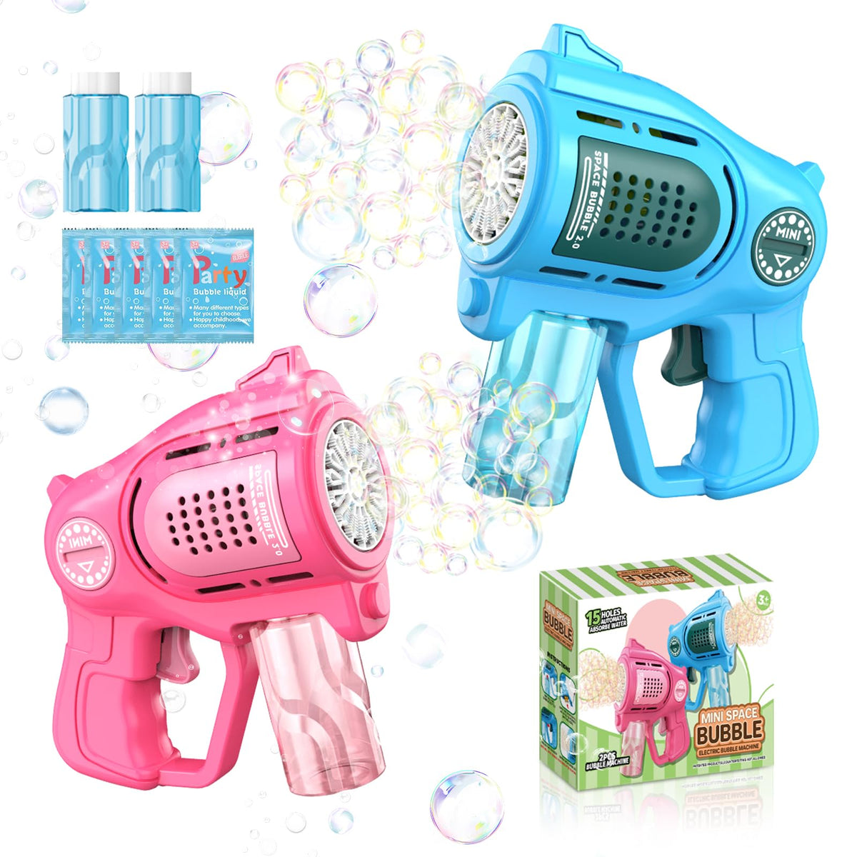 UROINT bubble gun 2-pack in action blasting colorful bubbles outdoors