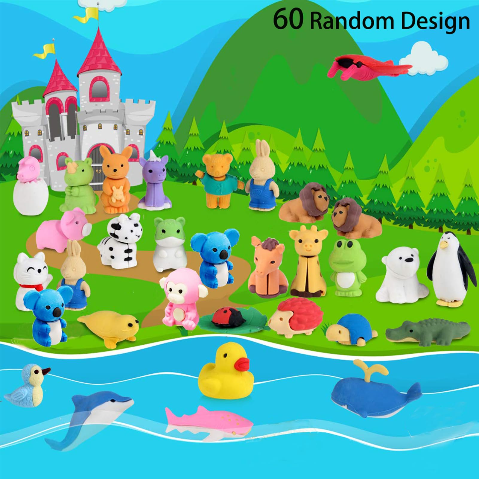 URSKYTOUS Animal Erasers desk pets closeup, vibrant erasers for classroom rewards.