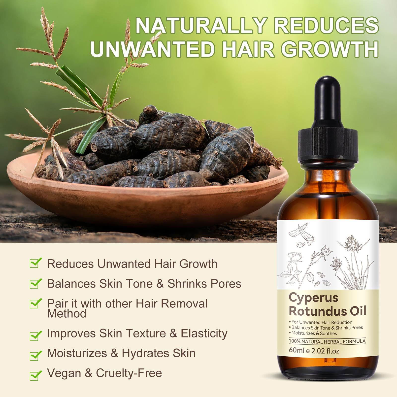 Uruses Cyperus Rotundus Oil on skin promotes moisture and softness.