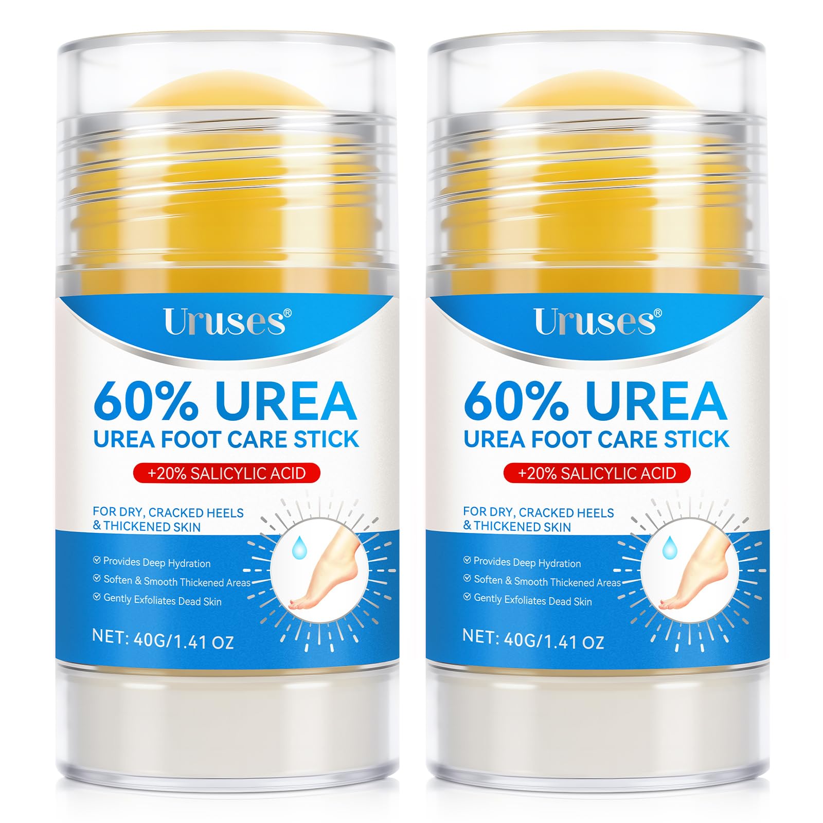 Uruses 60% Urea Foot Cream stick in action on dry heels for exfoliation.