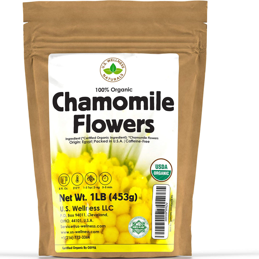 US Wellness Naturals Chamomile flowers bulk for aromatic, fresh-brewed tea.