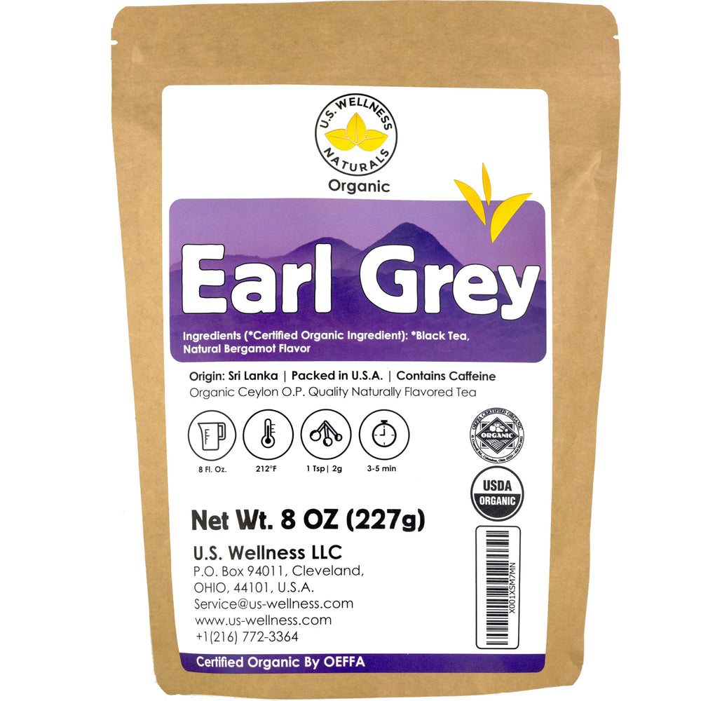 US Wellness Naturals Earl Grey tea leaves close-up, bold morning boost.