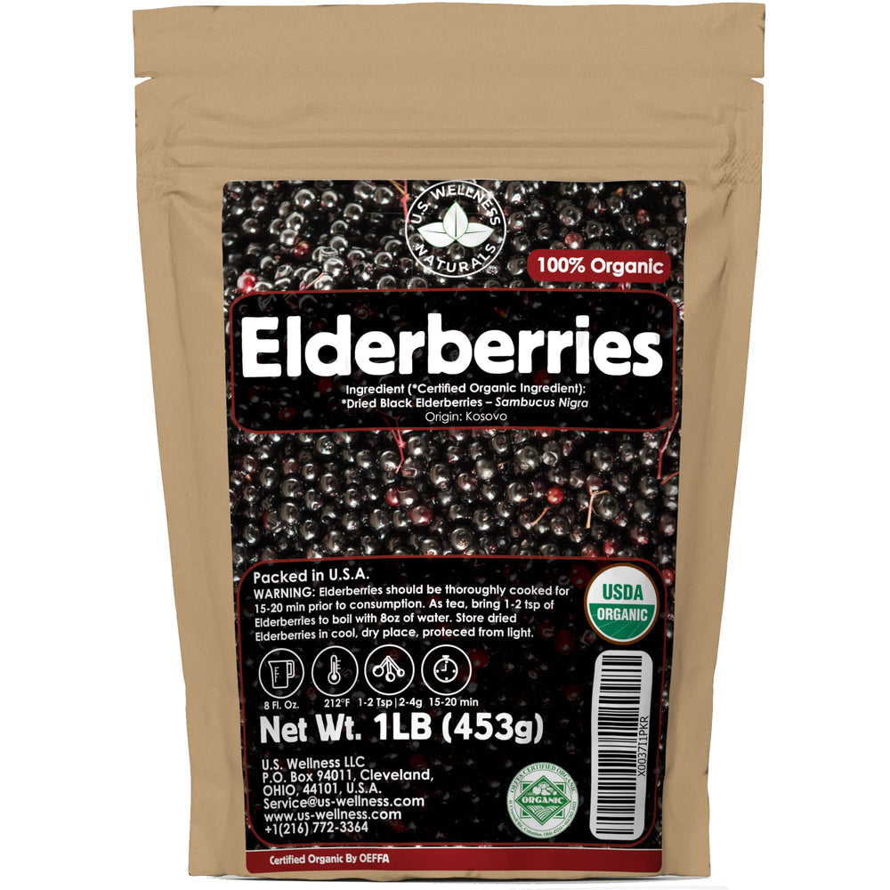 US Wellness Naturals dried elderberries in a 1lb bulk bag for syrups