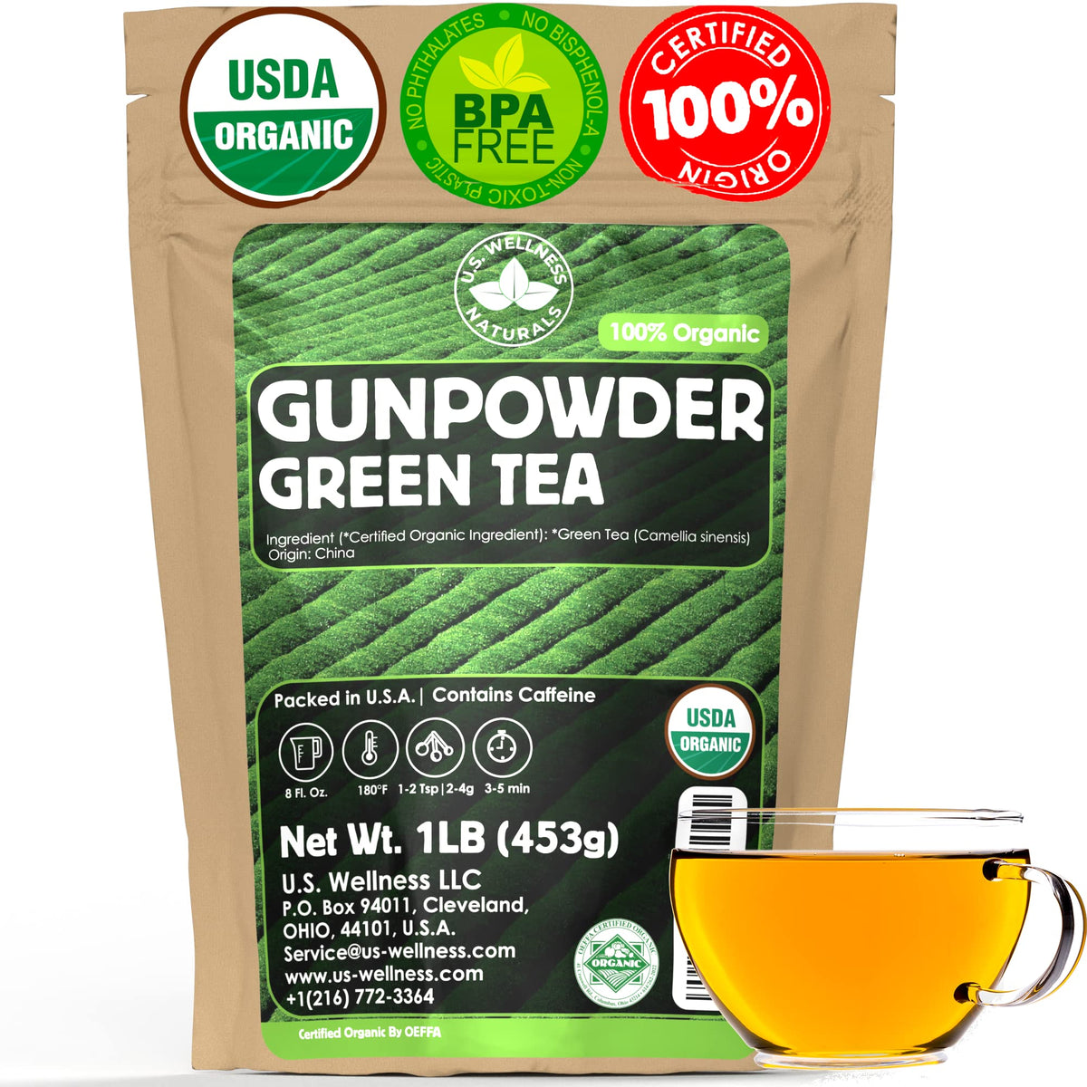 U.S. Wellness Naturals Gunpowder Green Tea loose leaves ready for a smooth, UMAMI-forward cup.