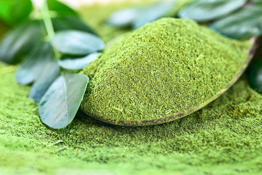 Leaf-only moringa powder with no stems for purity.