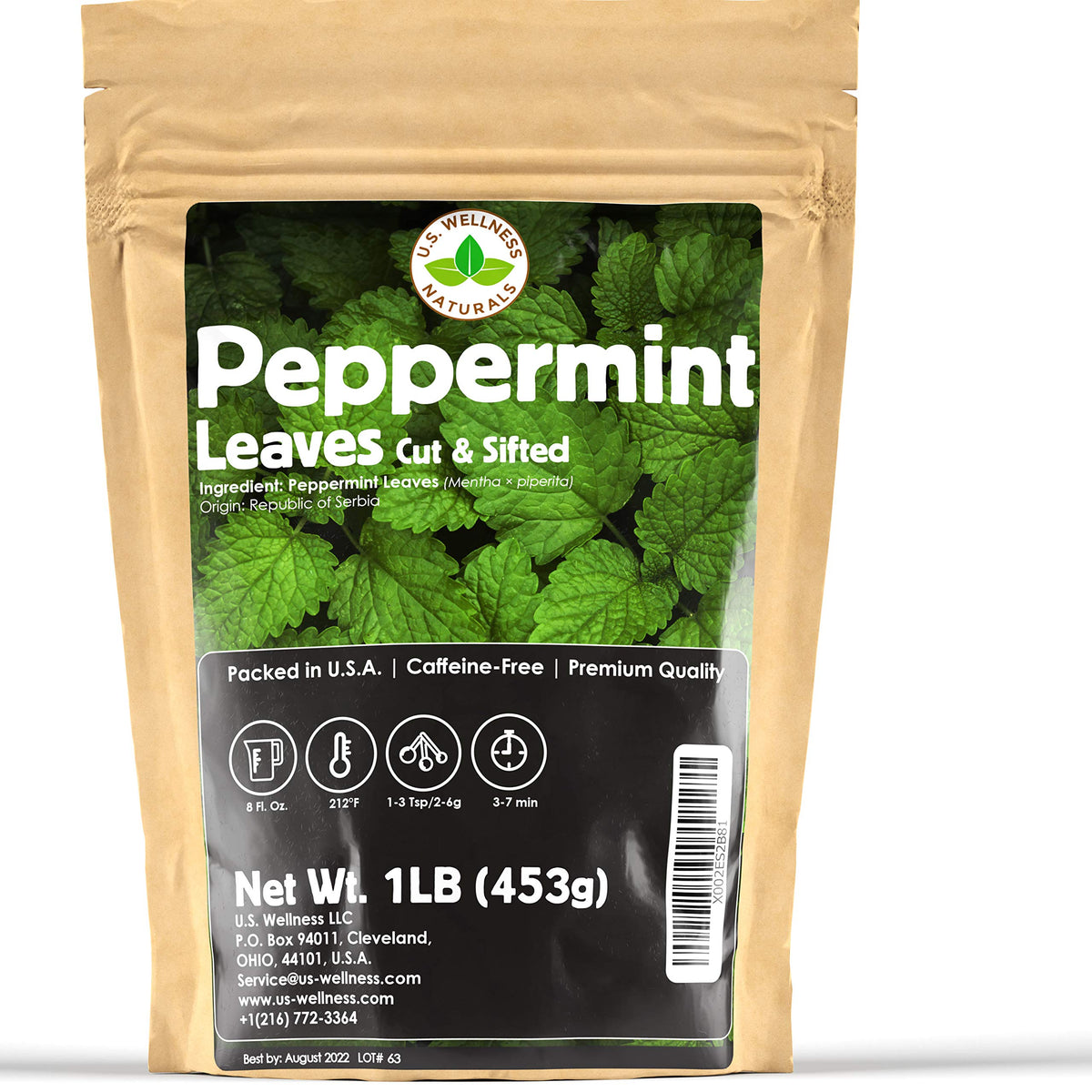U.S. Wellness Naturals peppermint tea leaves cut and sifted for quicker brewing.