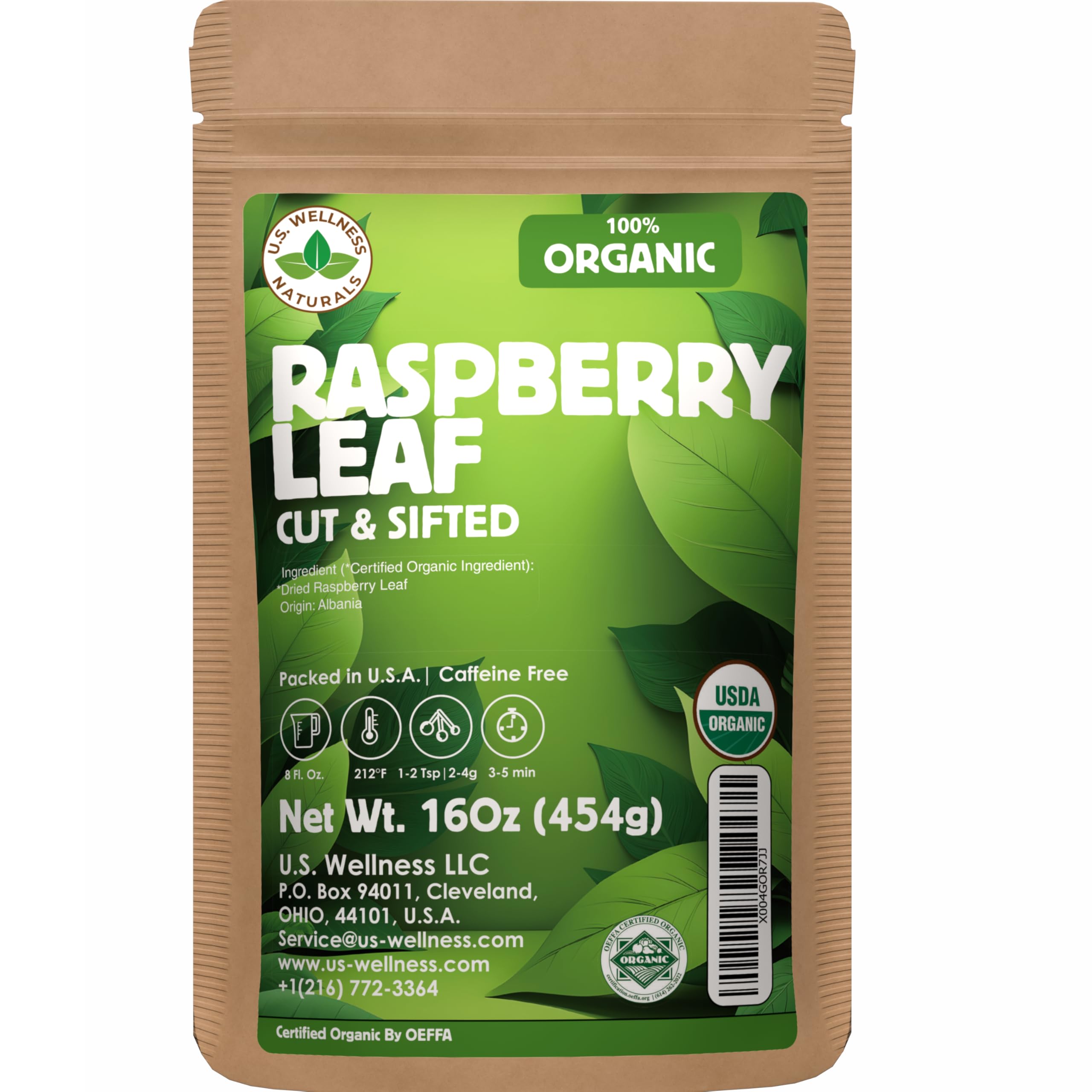 US Wellness Naturals Raspberry Leaf Tea in 16oz pouch with wild-harvest leaves for rich flavor.