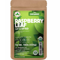 US Wellness Naturals Raspberry Leaf Tea in 16oz pouch with wild-harvest leaves for rich flavor.