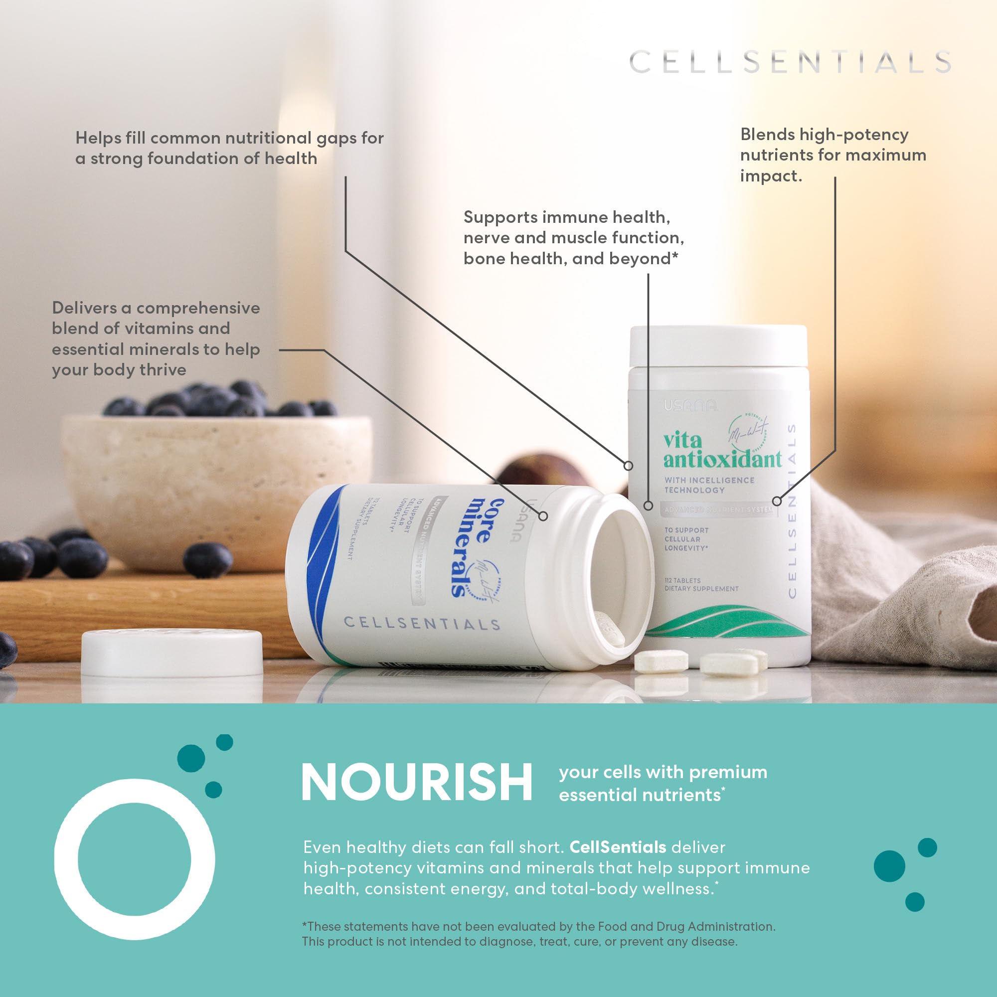 USANA Cellsentials blister pack showing 28-day supply and organized dosing for a simple daily routine