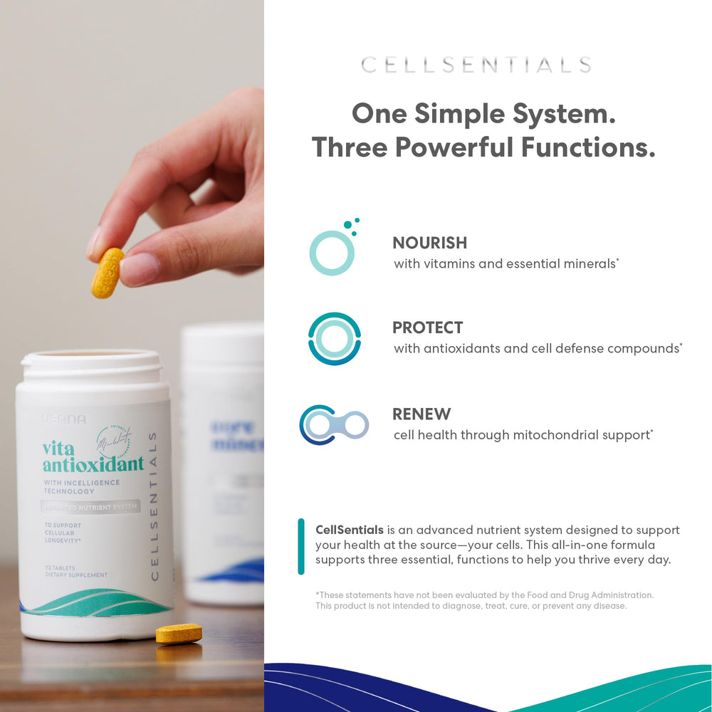 USANA Cellsentials tablets close-up highlighting core minerals and Vita Antioxidant ingredients